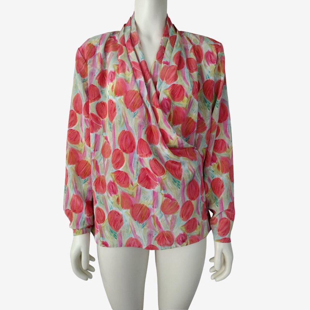 Vintage 1970s Floral Print Lightweight Surplice Shawl Neck Light Blouse